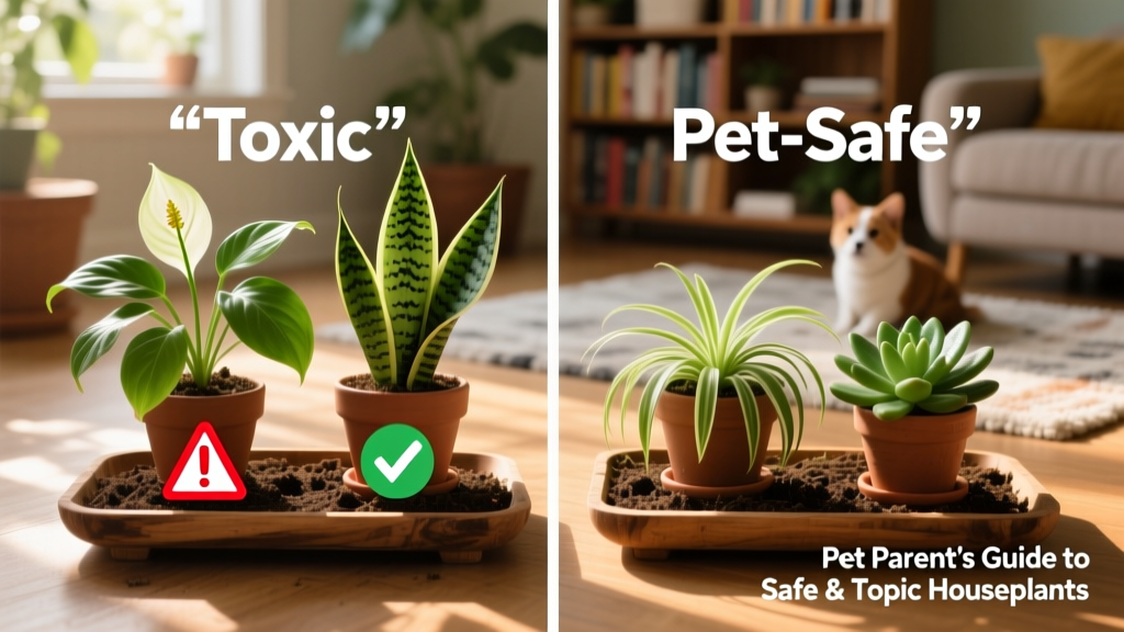 Side-by-side comparison of common houseplants labeled 'toxic' and 'pet-safe' with icons indicating risk level