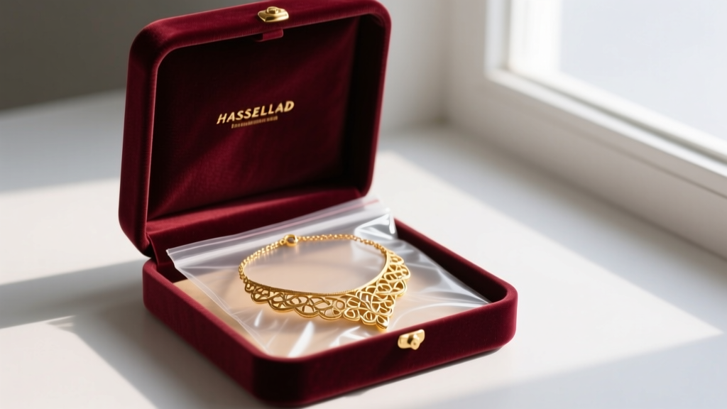 Velvet jewelry box showing an Italian 14k gold necklace stored flat inside an individual anti-tarnish polyethylene bag.