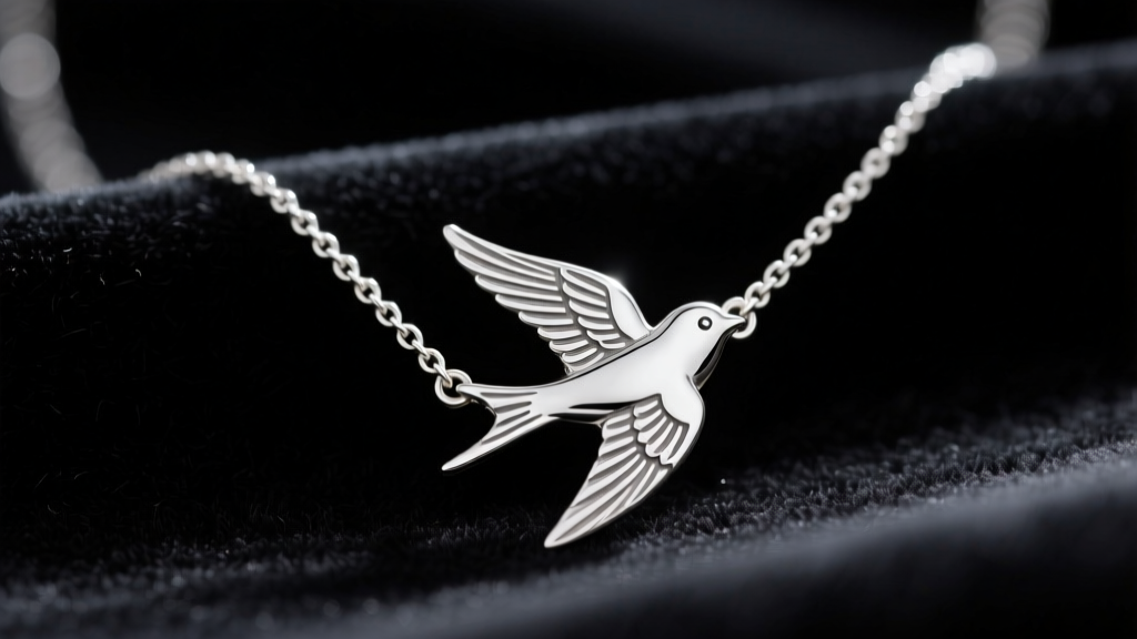 Sterling silver sparrow necklace on dark velvet, highlighting intricate feather engravings and a delicate 16-inch cable chain.