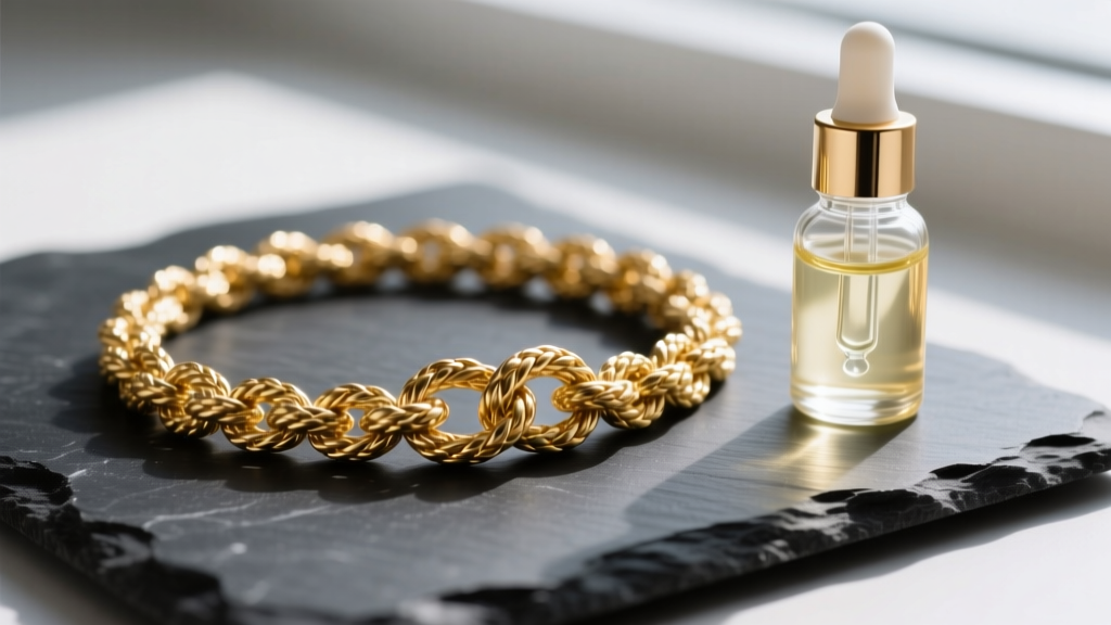 Macro photography of a tightly knotted 14k gold rope chain on dark slate beside a small glass dropper bottle of clear baby oil