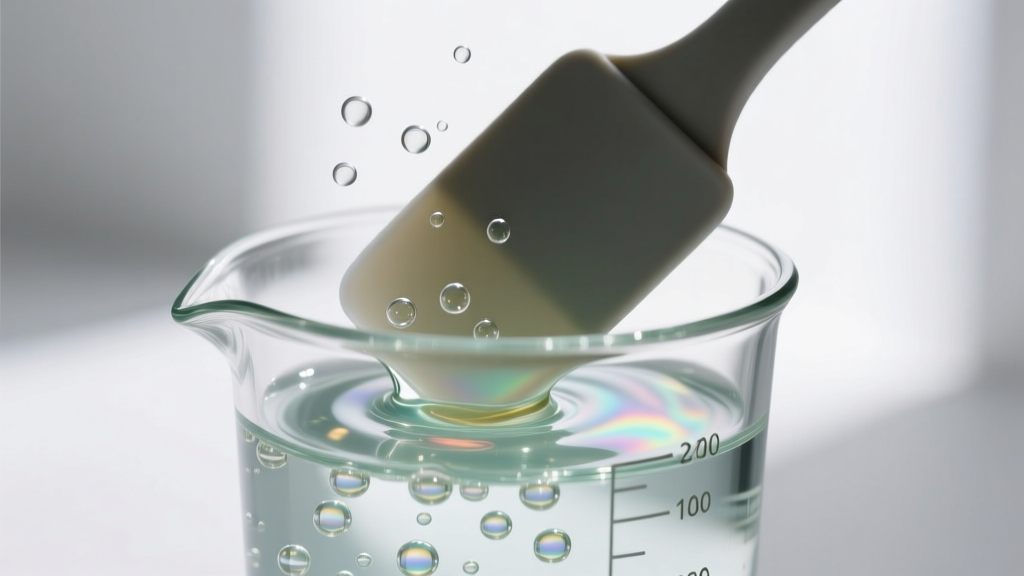 Close-up of a silicone spatula stirring clear two-part epoxy resin in a measuring cup, revealing tiny suspended air bubbles.
