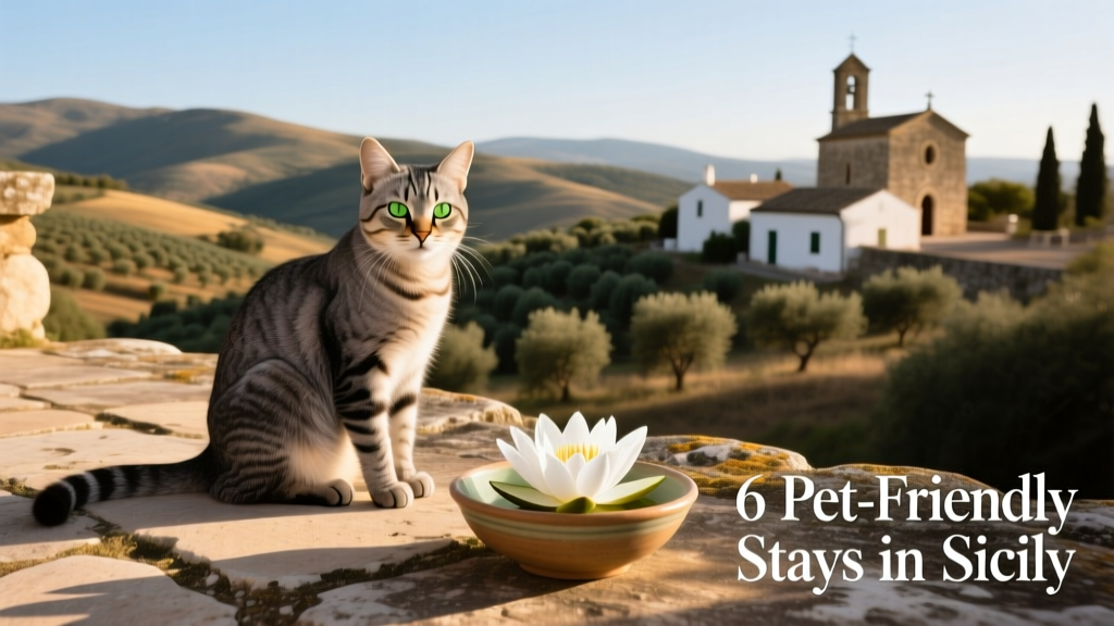 A gray tabby cat sitting on a sun-dappled stone terrace with rolling Sicilian hills in the background