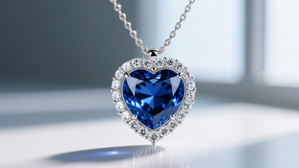 Close-up of a high-jewelry heart-shaped blue sapphire pendant surrounded by a halo of brilliant-cut diamonds on a platinum chain