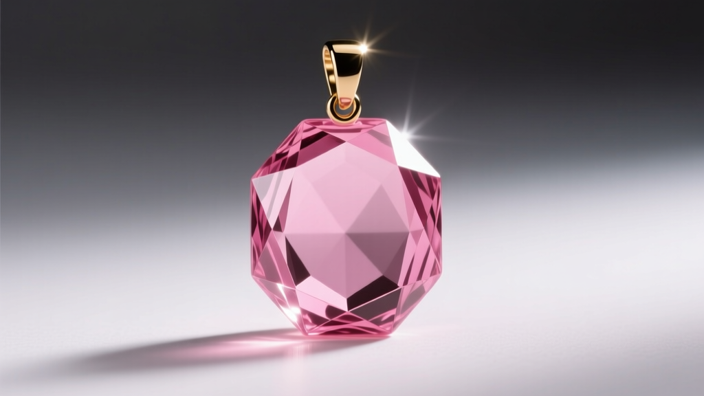 Faceted Czech pink pressed glass pendant showing distinct mold seam lines and a brass bail under a bright directional spotlight