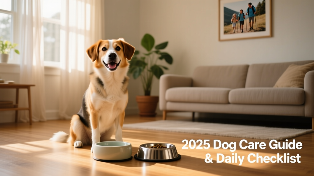 A happy, well-cared-for mixed-breed dog sitting calmly beside a water bowl and food dish in a sunlit living room