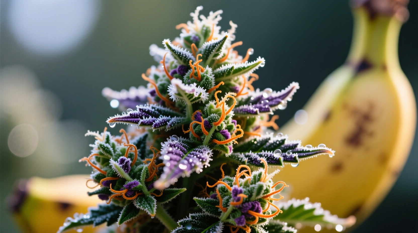 Close-up of Garlic and Bananas strain buds showing frosty trichomes