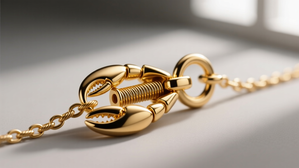 Macro shot of 14k gold lobster clasp on a thin cable chain, showing the spring mechanism and jump ring connection in sharp focus