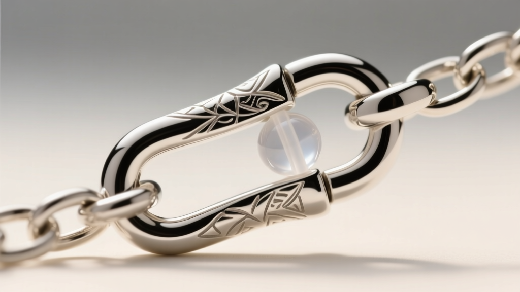 Close-up of a sterling silver lobster clasp secured to a chain link with a clear silicone anti-slip stay bead, macro photography