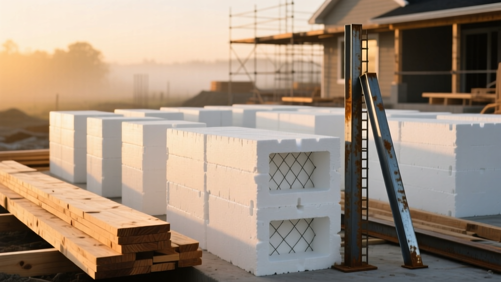 Stacked insulated concrete forms next to traditional wood framing lumber and steel studs on a residential construction site at sunrise