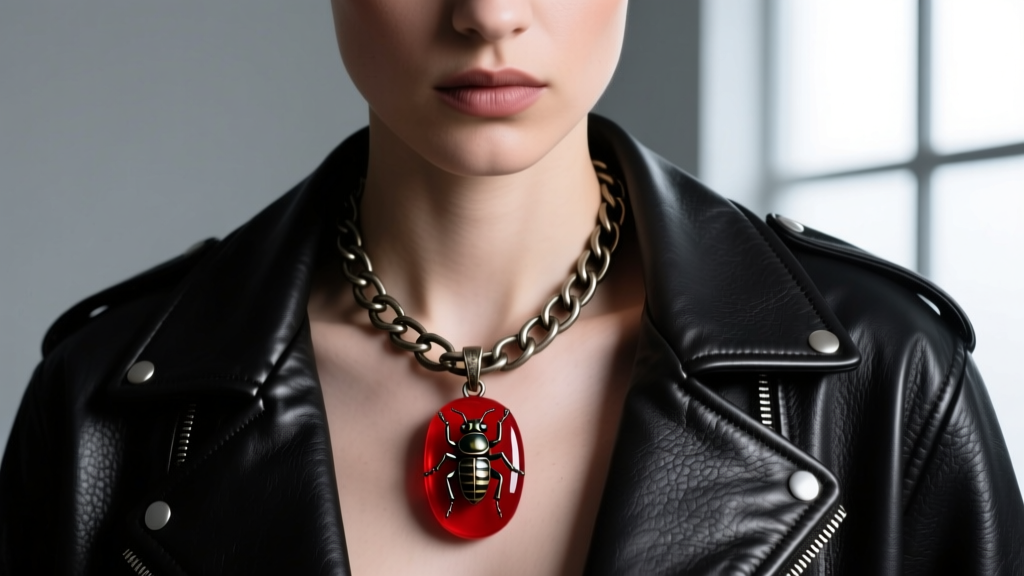 Model wearing a 2mm oxidized steel box chain with a custom red resin encapsulated macabre relic pendant against a leather jacket