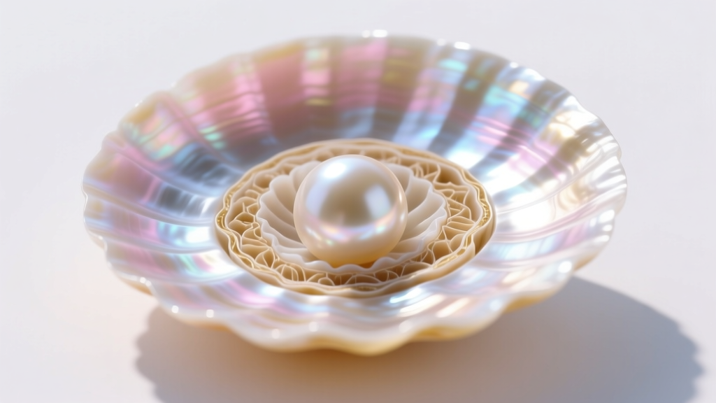 Cross-section illustration of a bead-nucleated pearl showing thick nacre layers over a round mother-of-pearl shell bead core