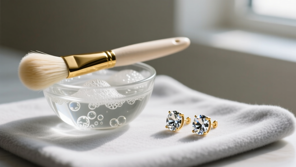 Soft bristle brush and soapy water in a glass bowl next to gold and crystal stud earrings resting on a gray microfiber cloth