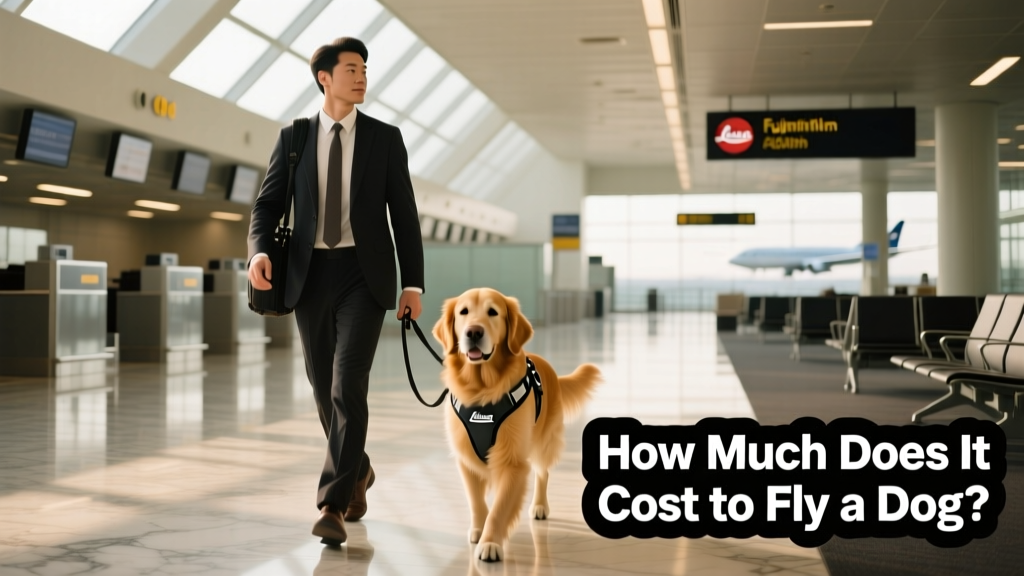 A person walking confidently with their dog on a quiet airport concourse, both relaxed and prepared