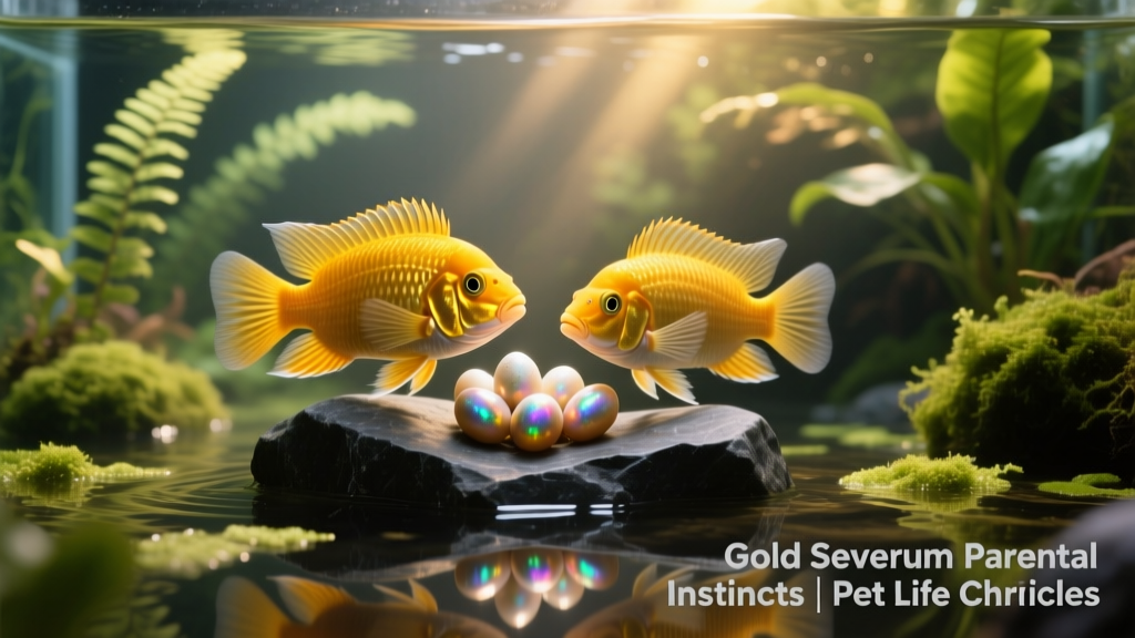 A pair of Gold Severums guarding a cluster of eggs on a smooth slate rock in a planted breeding tank