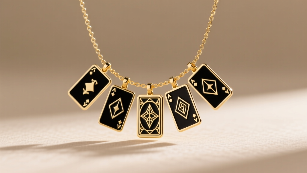 Gold vermeil tiny tarot deck necklace with black enamel details, hanging from a delicate box chain against a soft beige background