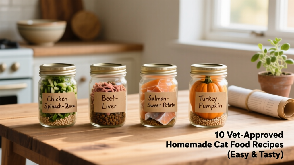 Four labeled mason jars filled with different homemade cat food blends: chicken-spinach-quinoa, beef-liver, salmon-sweet-potato, and turkey-pumpkin