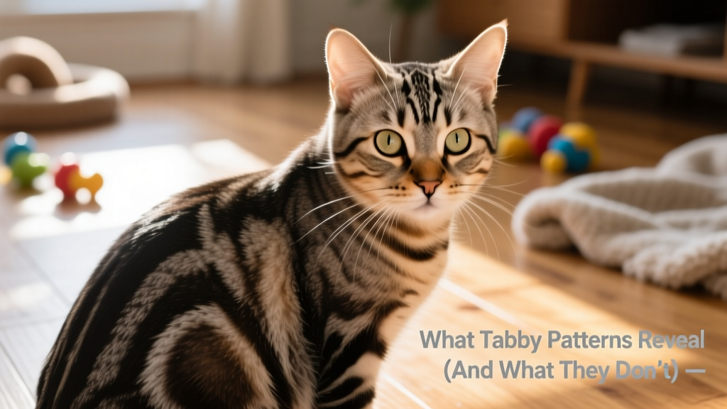 Close-up of a mackerel tabby cat's striped flank and distinctive 'M' marking on forehead