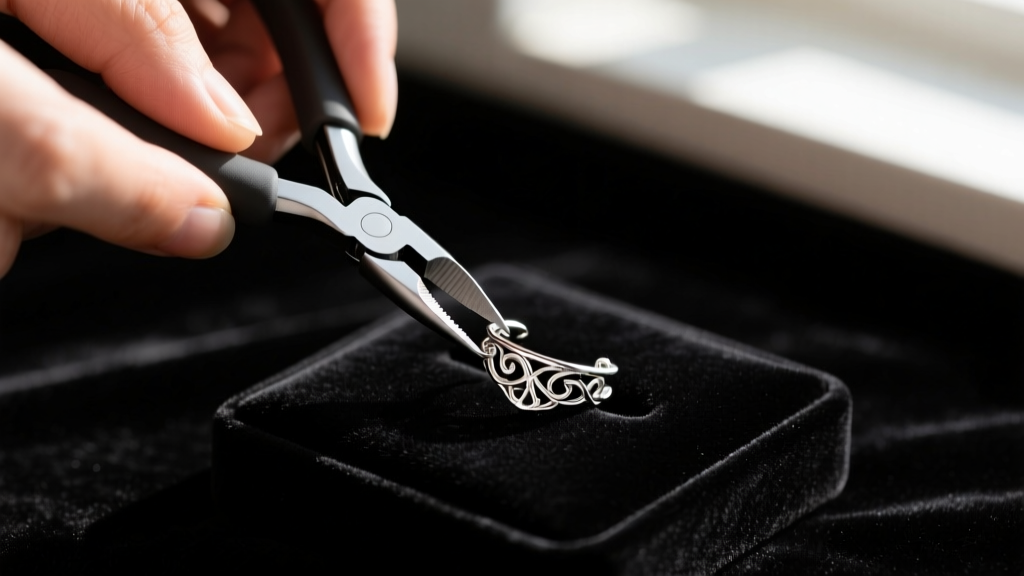 Hands using silicone pliers to gently adjust a silver ear cuff chain earring on a dark velvet jewelry pad in bright natural light