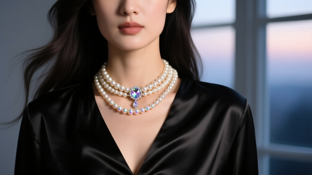 Close-up of a woman wearing a multi-strand Dyrberg Kern pearl choker with a crystal clasp and a black silk evening blouse.