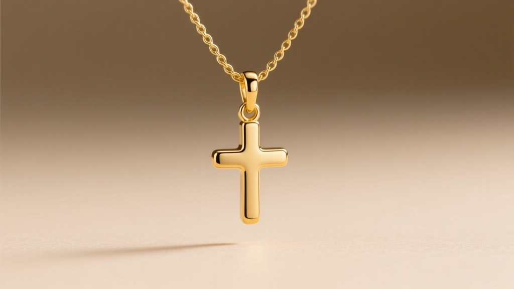 Close-up of a 10mm solid 14k gold mini cross pendant on a 0.9mm cable chain, soft studio lighting, neutral beige backdrop.