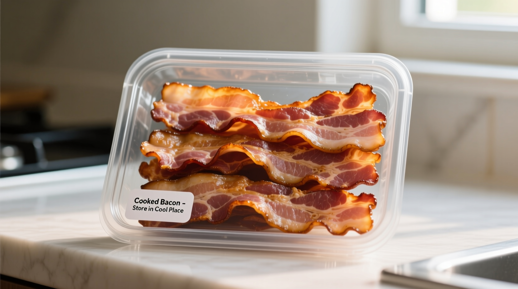 Properly stored cooked bacon in airtight container