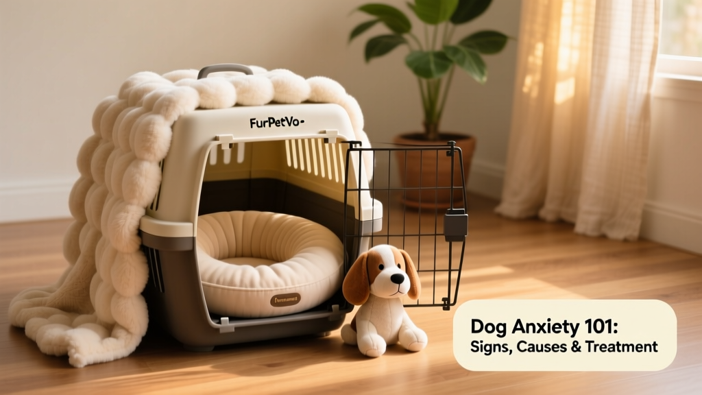 A serene indoor setup featuring a FurPetVo-branded dog crate lined with a plush blanket, a calming donut-style bed, and a soft plush toy nearby