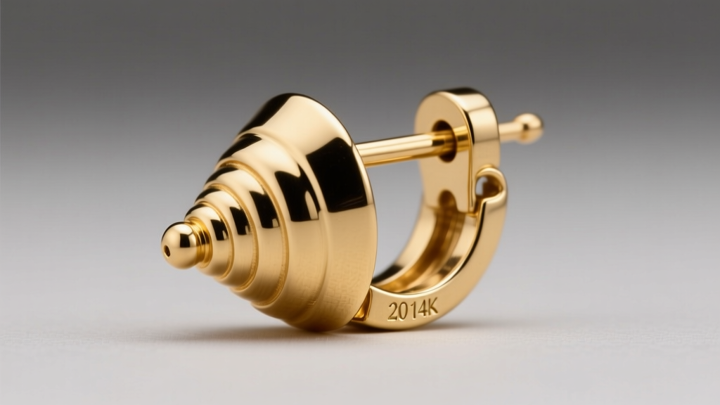 Macro view of a 20-gauge 14k gold shell earring post and backing, showing precise metal thickness and the secure clasp mechanism.
