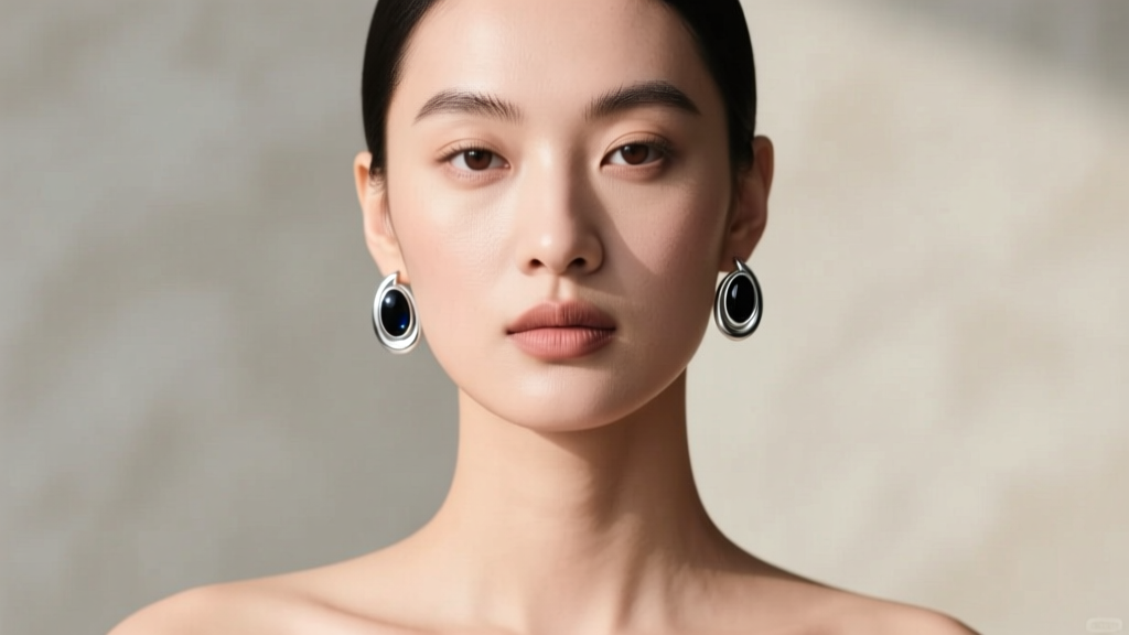 Oval face model wearing sterling silver black onyx huggie earrings, soft daylight portrait, high fashion editorial jewelry shot.