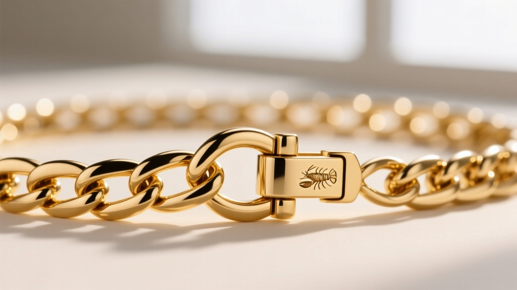 Macro shot of a 14k gold box chain linking to a lobster clasp, highlighting metal texture and precise jewelry craftsmanship details