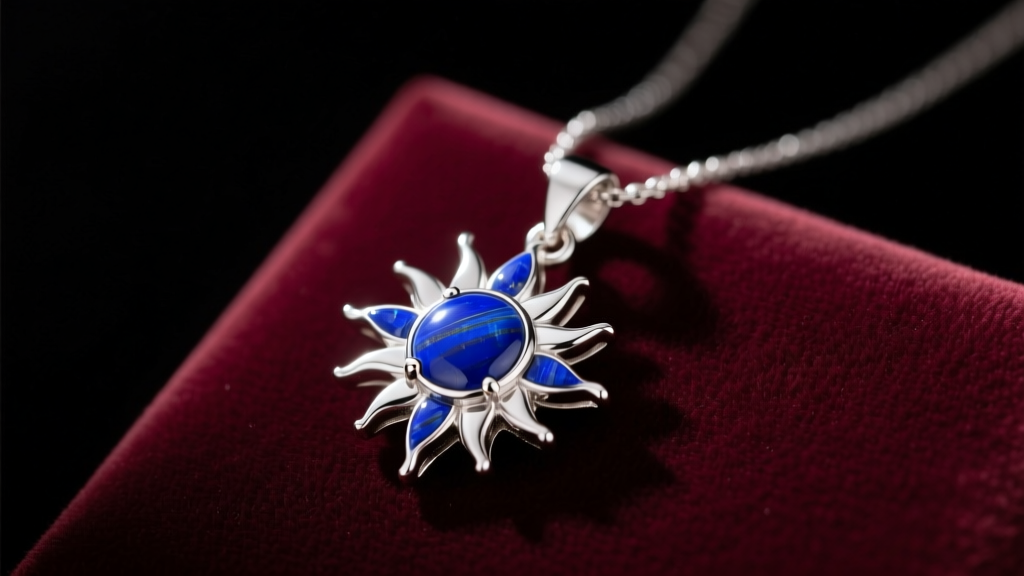 Sterling silver lapis lazuli sun pendant necklace resting on dark burgundy velvet, illuminated by soft, moody studio lighting.