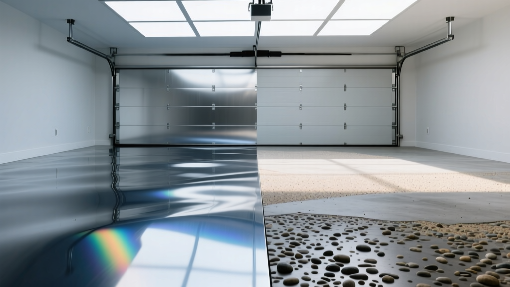 Split view of a garage floor showing high-gloss metallic epoxy on left and mechanically polished exposed aggregate concrete on right.