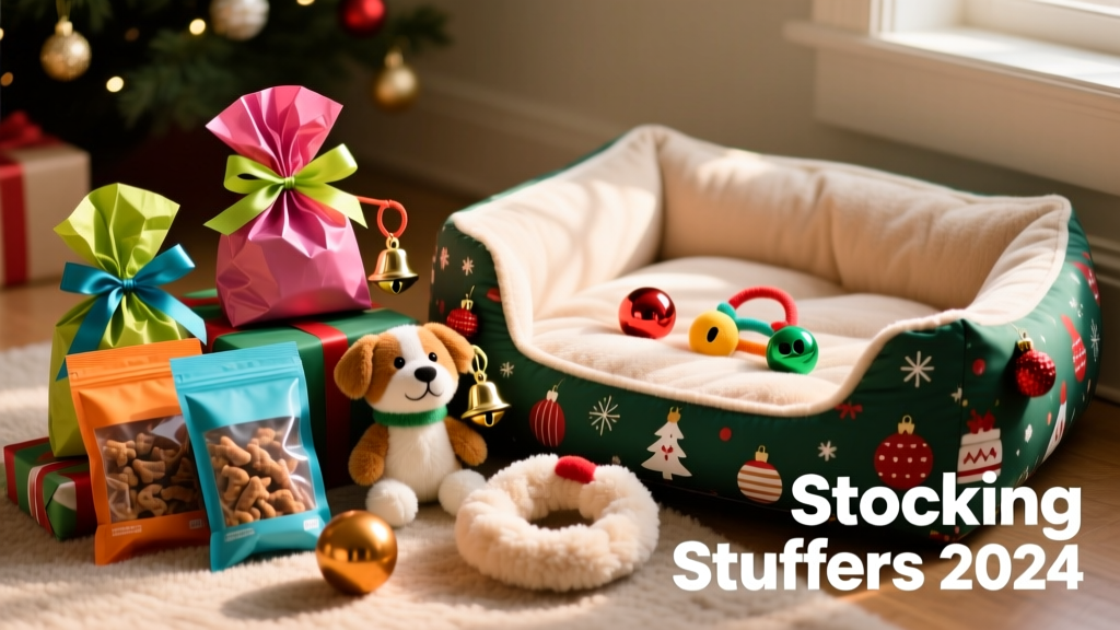 A playful mix of wrapped pet gifts, including treat bags, interactive toys, and cozy accessories, arranged beside a holiday-themed pet bed
