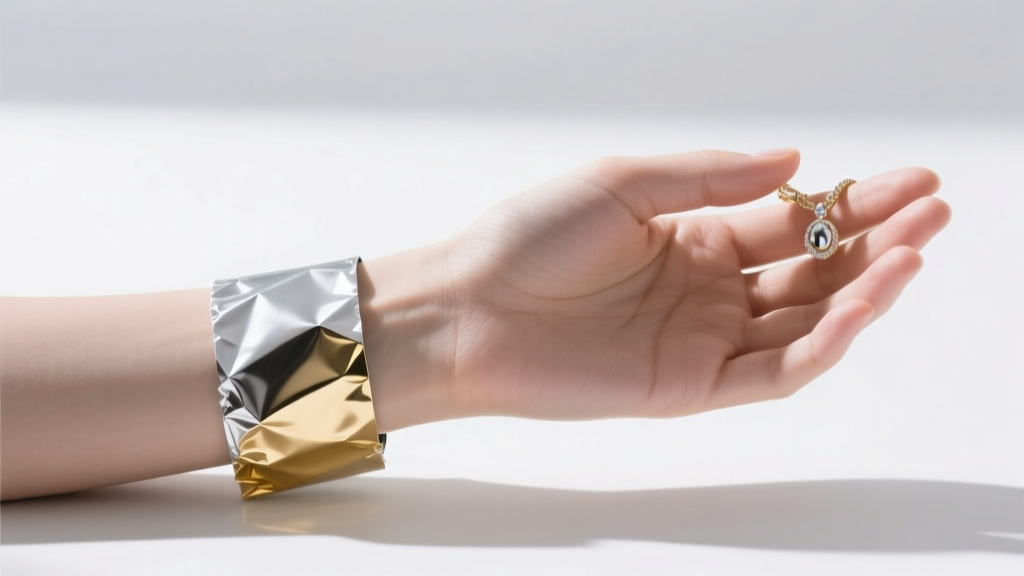 Fair cool-toned hand holding raw silver foil and gold foil near the wrist to test jewelry undertones under bright natural daylight