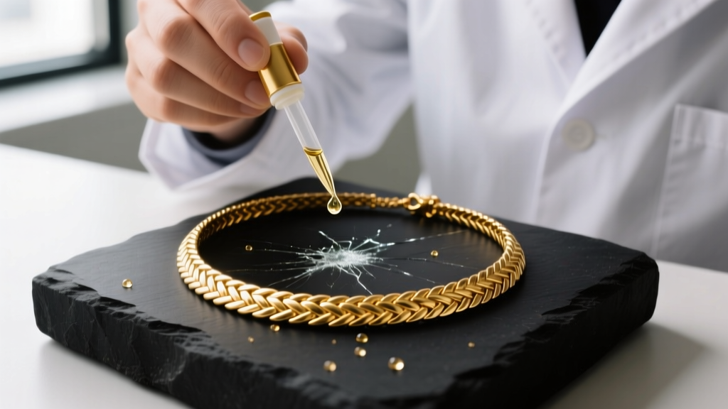 Gemologist applying a drop of nitric acid testing solution to a scratched 22K gold herringbone necklace on a black testing stone.