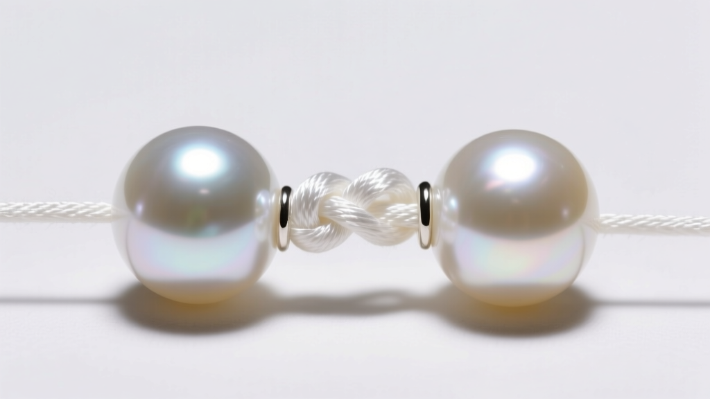 Close-up of white silk thread knotted between two 8mm Akoya pearls, showing the secure overhand knot and bright surface luster.