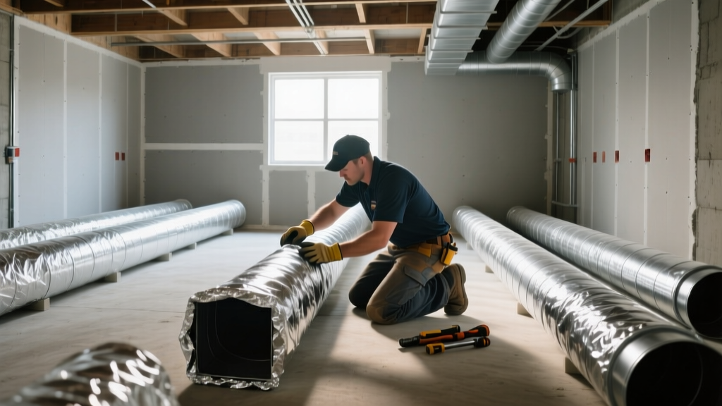 HVAC contractor wrapping foil-faced fiberglass insulation around rectangular galvanized steel supply ducts in an unfinished basement