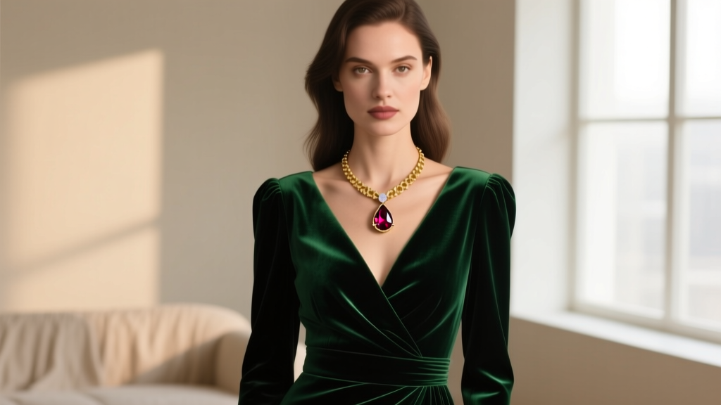 Woman wearing an 18k gold necklace with a pear-cut lab-grown ruby pendant against a dark emerald green velvet holiday dress