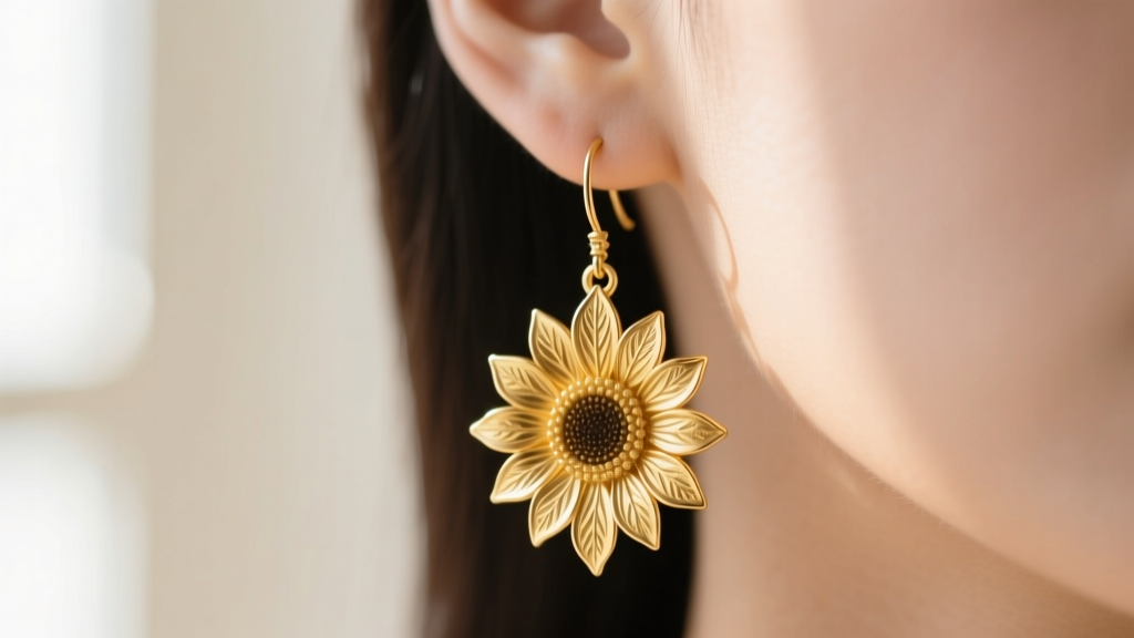 Close-up of 14k gold sunflower dangle earrings on a woman