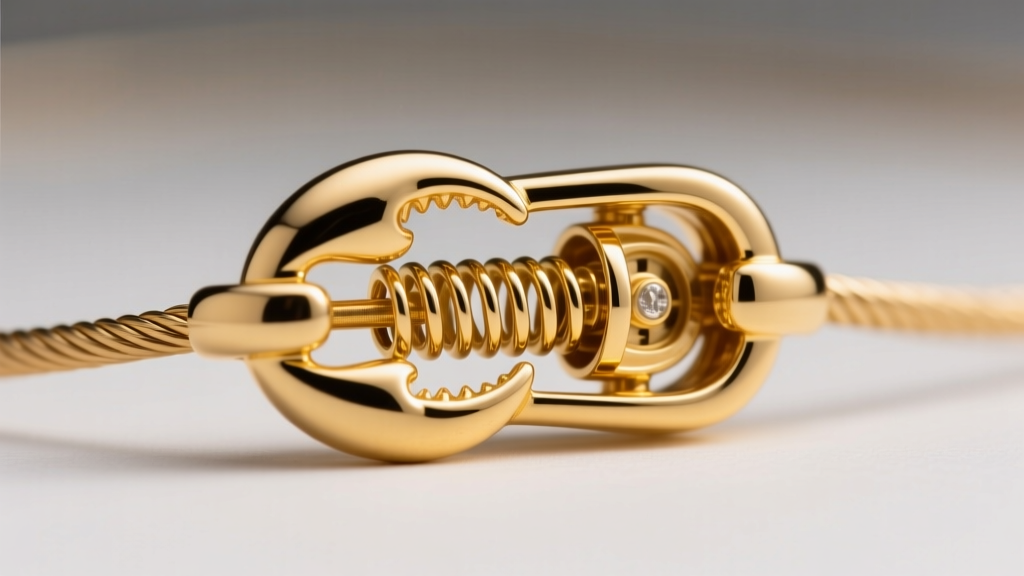 Macro shot of a 14k yellow gold lobster clasp on a cable chain, highlighting the internal spring mechanism under bright light