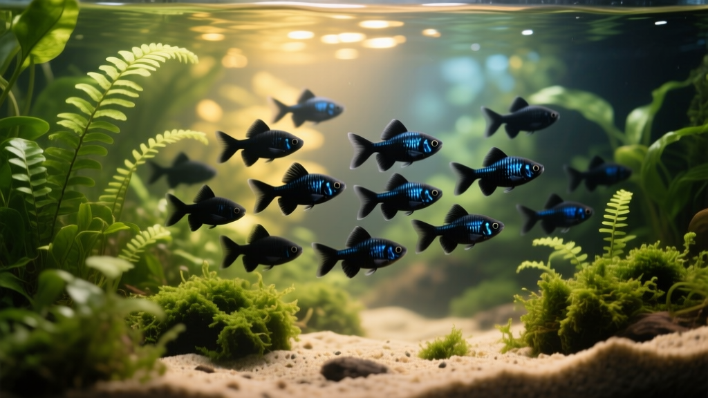 Aquarium setup featuring black widow tetras swimming among lush green plants and natural substrate