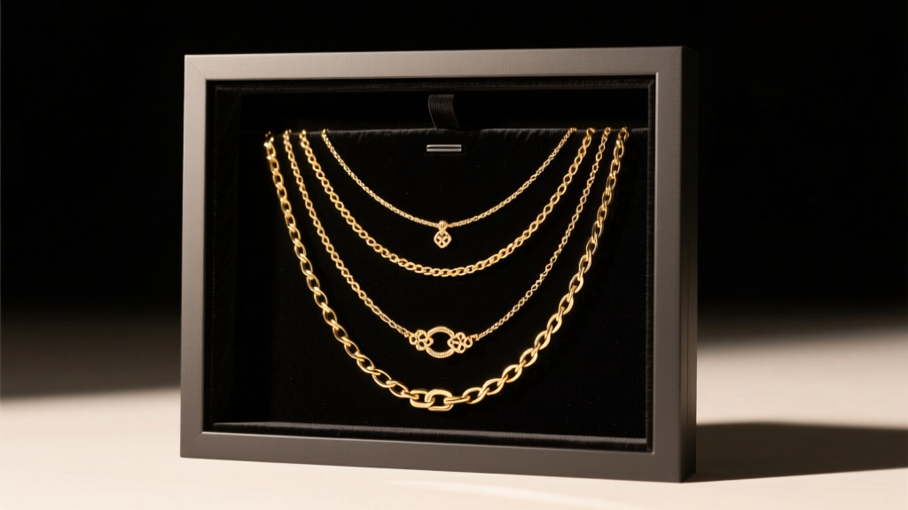 A custom DIY shadow box necklace holder showing untangled gold chains on dark acid-free velvet, lit by soft warm studio lighting