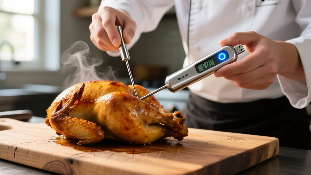 Chef inserting a sleek USB-C rechargeable stainless steel meat thermometer into a roasted chicken on a rustic wooden cutting board