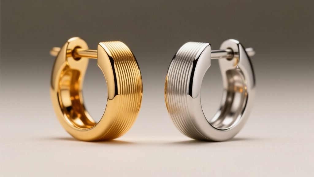 Side-by-side comparison of an 18k gold and a steel earring back, highlighting the microscopic thread grooves under studio lighting.
