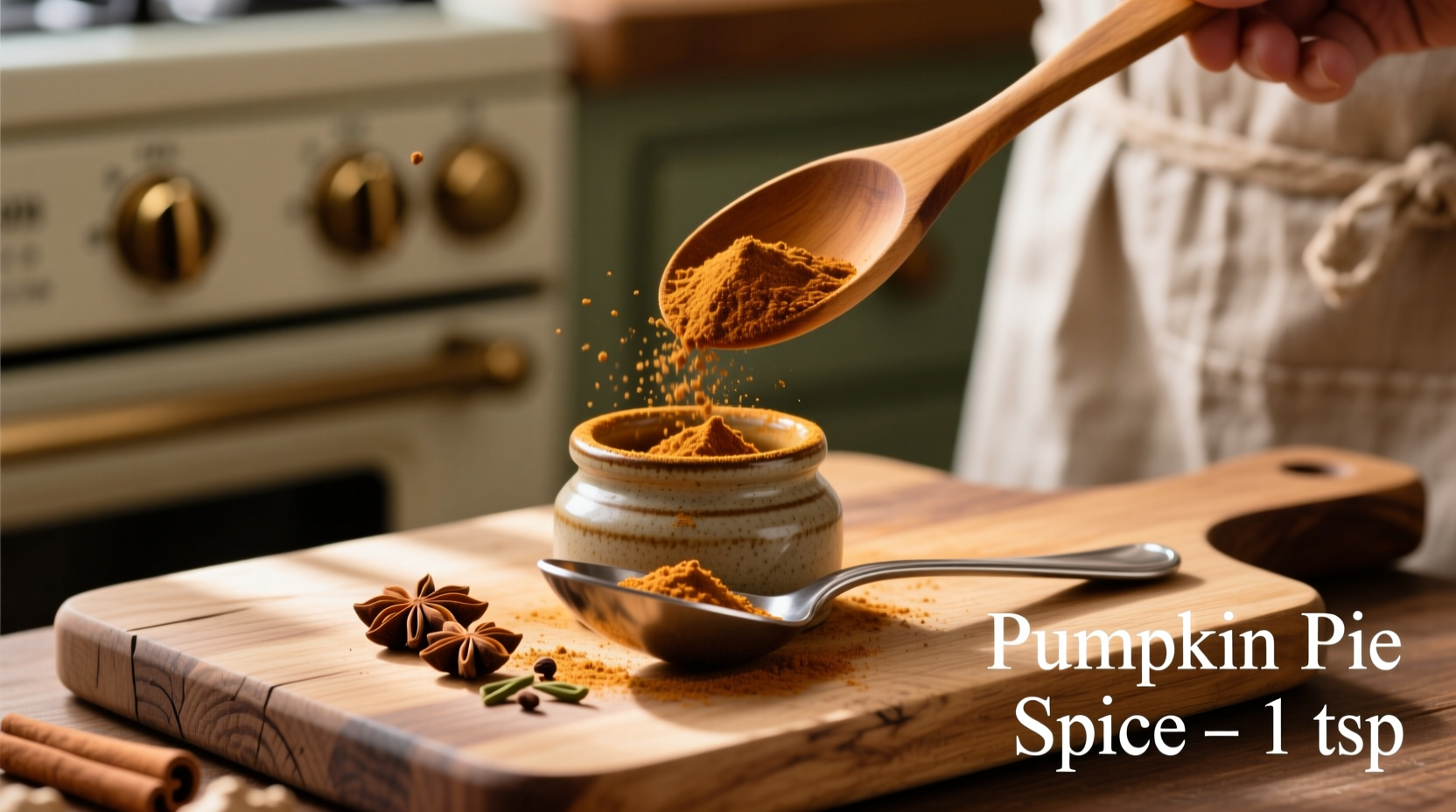 Measuring pumpkin pie spice in a teaspoon