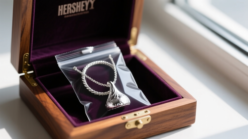 Silver Hershey Kisses necklace coiled in an anti-tarnish bag with a dark strip inside an open velvet-lined wooden jewelry box.
