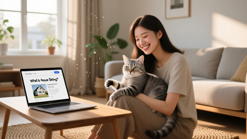 Someone smiling while cuddling a calm cat, laptop open nearby