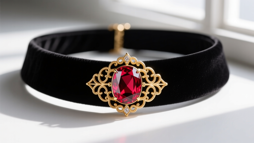 Close-up of a dark velvet choker necklace with an ornate gold setting and a large faceted oval red ruby gemstone in the center.