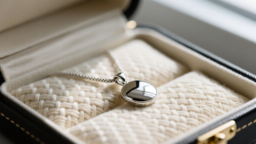 Macro shot of acid-free microfiber lining in a jewelry case, silver pendant resting on it, highlighting tight weave fabric