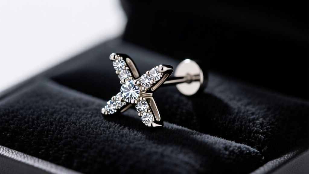 Macro shot of 16-gauge titanium XOXO cartilage flat-back earring with pavé lab-grown diamonds, resting on dark velvet display