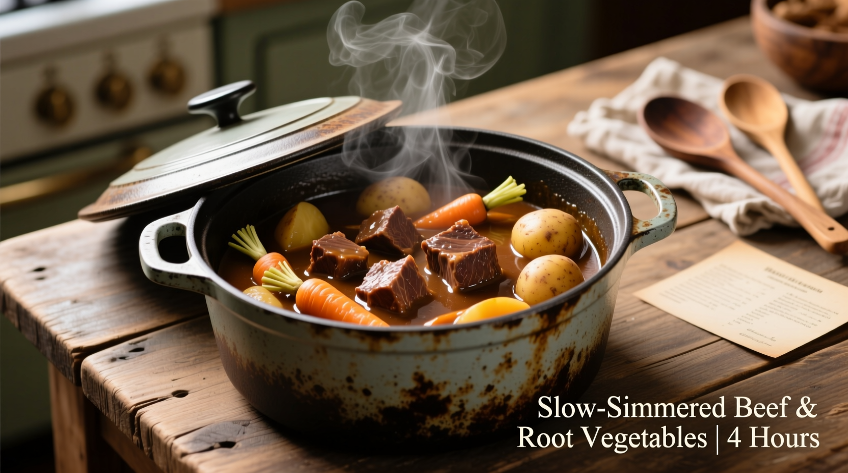 Dutch oven filled with braised beef and vegetables